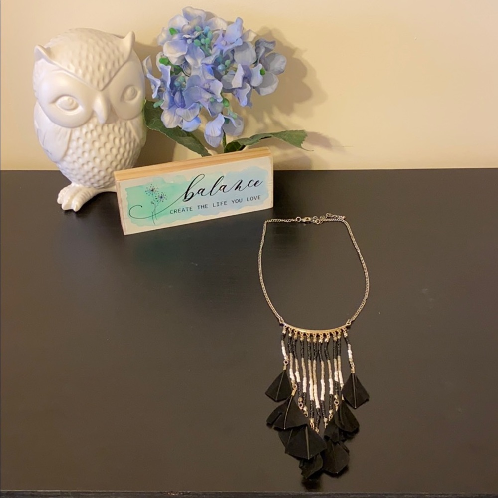 Black, White and Silver bead/feather Necklace